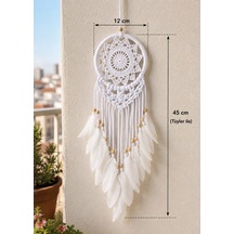 Beyaz Makrome Düş Kapanı 12 Cm Kasnak 45 Cm Tüylü Bohem Dekoratif Duvar Süsü