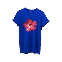 Pembe Tropik Hibiskus Çiçekli Kadın %100 Pamuk Regular Fit Bisiklet Yaka T-shirt Mavi