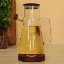 Borosilikat Cam Yağdanlık, Sürahi Sosluk Ahşap Kapaklı Ve Altlıklı, 900 Ml, 23x4 Cm 0