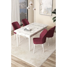 Canisa Concept Arp Serisi 70x110 Sabit Mutfak Masası Takımı Beyaz Mermer Desen Masa 4 Bordo Sandalye Masa Beyaz/ Sandalyeler Bordo