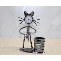 Metal Saksafon Çalan Kedi Müzisyen Saat Ve Kalemlik Alk4343