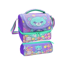 Coral High Kız Çocuk Mor Yeşil Ayıcık Desenli İki Katlı Beslenme Çantası Ve Kalemlik Seti 37202+31005 Mor - Yeşil