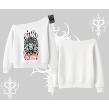 Kayık Yaka Sweatshirt Crowned Lion Rock Authority Myth Beyaz