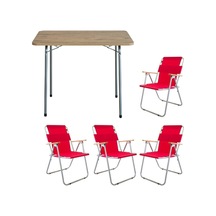 Bofigo 60x80 Çam Katlanır Masa + 4 Adet Katlanır Sandalye Kamp Seti Bahçe Balkon Takımı Kırmızı