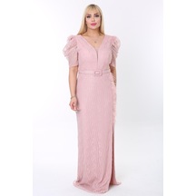 Ladies First Büyük Beden 3442 Pudra Uzun Abiye Elbise 001