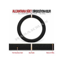 Honda Accord Mk9 Dikme Direksiyon Kılıfı Full Alcantara Süet Bej Yüzük Ve Bej Dikiş 2013-2017 Siyah