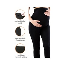Kadın Siyah Düz Bel Ayarlı Fitilli Hamile Yüksek Bel Hamile Tayt Pantalon