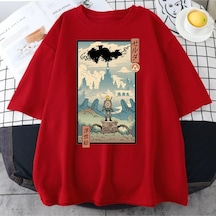 Flood Of Style Kırmızı Erkek Anime Savaççı Baskılı Oversize Bisiklet Yaka Tshirt