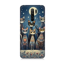 Xiaomi Redmi 9 Uyumlu Ay Altında Kedi Ailesi Desenli Silikon Kılıf Çok Renkli