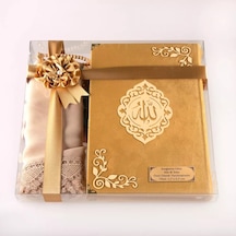 Şal + Tesbih + Kuran Hediye Seti Orta Boy, Kadife, Lafzatullah, Gold