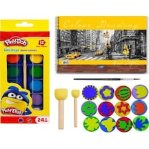 sulu boya baskı seti ponpon fırçalı 25x35 resim defterli