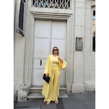 Bonacosa Kadın Viskon 3 Lü Takım Kimono + Beli Lastikli Salaş Pantolon + Sıfır Kol Kolsuz 8 Renk Sarı