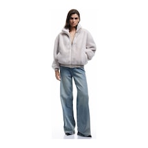 Koton Fermuarlı Dik Yaka Cepli Suni Kürk Peluş Oversize Crop Mont Ekru 6wak00004ew Ekru