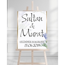 Söz Nişan Düğün İçin 50x70 Karşılama Panosu - Mavi Çiçek Desenli Pano Beyaz