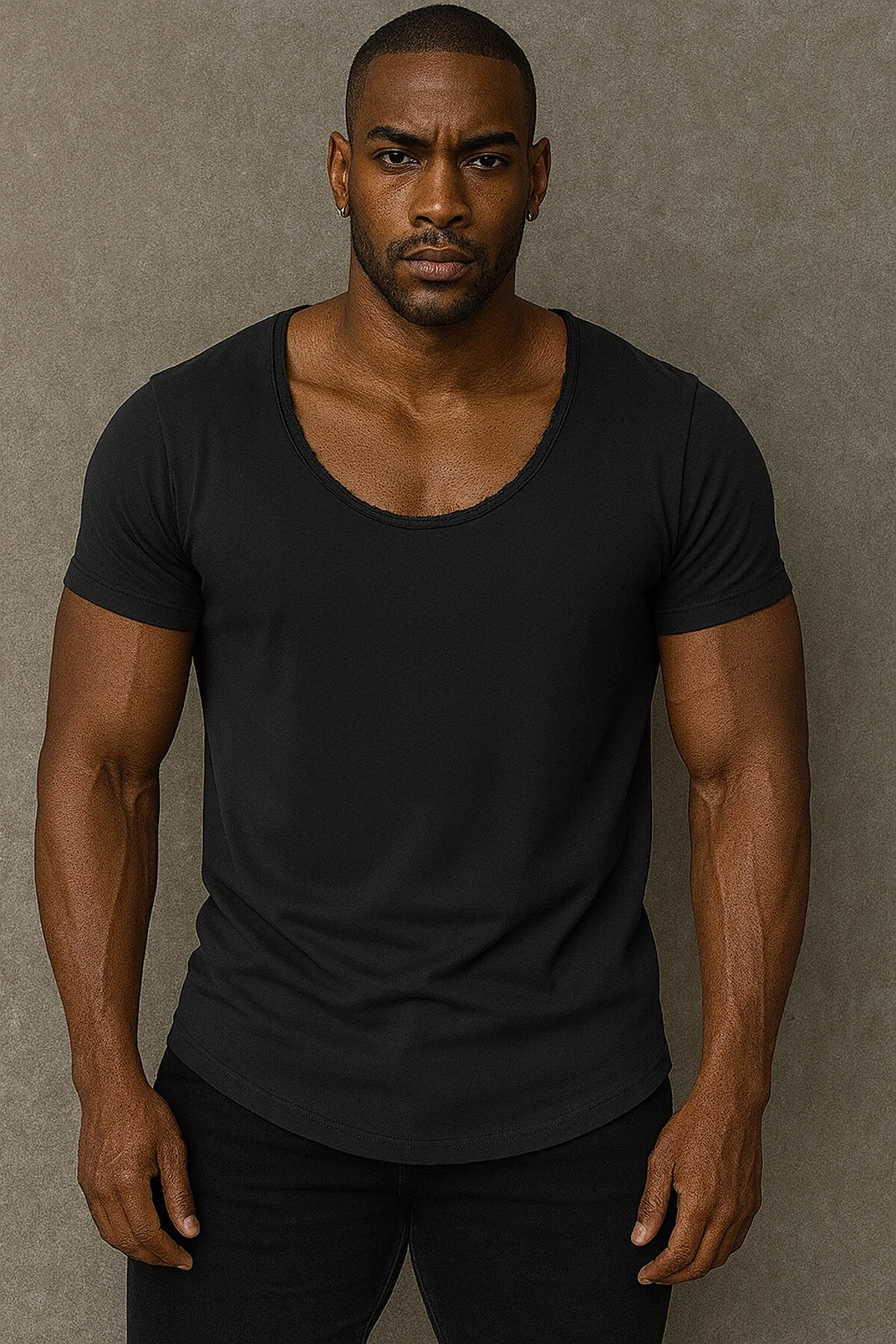 Premium Kalite Erkek Siyah Geniş Yaka Tam Likralı Alt Oval Slim Kesim Tişört T-shirt Siyah