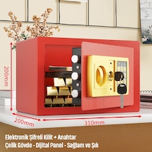 20'lik Elektronik Şifreli Ve Anahtarlı Çelik Para Kasası Dijital Panelli, 31 20 20 Cm Kırmızı