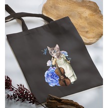 Bk Gift Kedi Tasarımlı-3 Antrasit Kumaş Bez Çanta, Baskılı Omuz Çantası, Alışveriş Çantası, Anneye Hediye Sarı