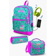 Coral High Kids Su Yeşili Pembe Flamingo Desenli Usb'li 3 Lü Okul Çanta Seti Set0123812 Çok Renkli
