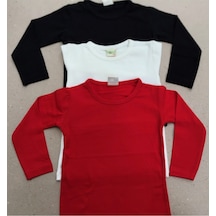 Unisex Çocuk Krem Kırmızı Siyah Likralı Basic Uzun Kollu Tişort 3 Lü Paket Krem-kırmızı-siyah