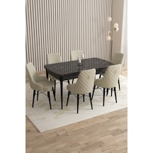 Flora Siyah Mermer Desen 80x132 Mdf Açılabilir Mutfak Masası Takımı 6 Adet Sandalye Krem
