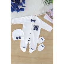 Sitilin Erkek Bebek Papyonlu Kral Taşlı Süslü Tulum Seti 0-3 Ay Stl7015 Mavi