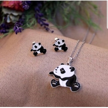 Sevimli Panda Mineli Gold Altın Renk Çelik Kız Çocuk Küpe Kolye