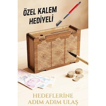 Ahşap Kumbara, Para Biriktirme Kutusu, Mdf, Ceviz, Tasarruf Challenge Sistemi, Motivasyon Hedef Kutusu, Kalem Hediyeli Diğer