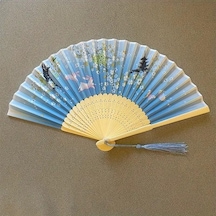 Beluga Yelpaze Bambu Serinletici Vintage Turkuaz Çiçekli Tavşanlı Şık Püsküllü Japon Yelpaze 0228