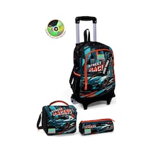 Coral High Kids Siyah Nefti Yarış Arabası Desenli Üç Bölmeli Çekçekli 3'lü Çanta Seti Set0123965 Çok Renkli