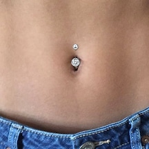 Zirkon Taşlı Çelik Göbek Piercing Kadın Takı Aksesuar Gümüş