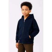 Erkek Çocuk Kapüşonlu Kanguru Cepli Tam Fermuarlı Hırka Sweatshirt - Lacivert