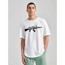 Unisex Oversize Illegal Baskılı T-shirt Beyaz