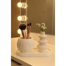 Dalgalı Vazo & Desenli Dekoratif 3 Lü Set - Beyaz