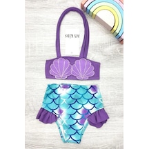 Kız Çocuk Deniz Kabuğu Desenli Bikini Takımı 2802-f Mor