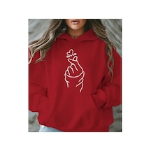 Herkesemoda Little Heart Baskı Detaylı Kapüşonlu Sweatshırt Kırmızı