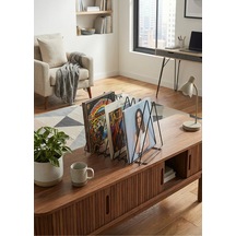 Uykula Üçgen Dekoratif Metal Dergilik Kitaplık Ve Plaklık Standı - Masaüstü Siyah Organizer 28x21x23 Cm