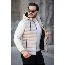 Mero Life Erkek Bej Standart Fit Çıkarılır Kapüşonlu Cepli Fermuarlı Şişme Yelek