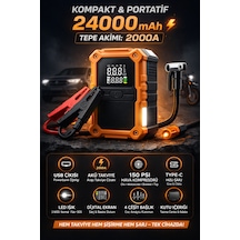 Merwish 24000 Mah Akü Takviye Cihazı 2000a Tepe Akımı Hava Kompresörü 150 Psı Powerbank Led Işık Type-c Şarj Dijital Ekran Eh03
