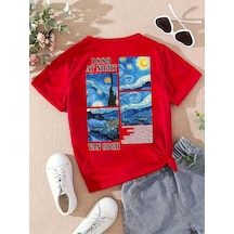 Unisex Van Gogh Yıldızlı Gece Sırt Baskılı Oversize T-shirt Kırmızı