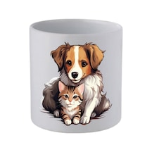 Kedi Ve Köpek Baskılı Kulpsuz Kupa Bardak - Hediye Kahve Kupası, Su Bardağı Beyaz