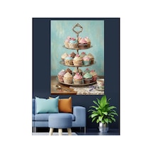 Üç Katlı Renkli Cupcake Standı Yağlı Boya Dokulu Kanvas Tablo Canvas Tablosu