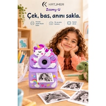 Kj/zm-004 Zoomy-u Unicorn Figürlü Anında Baskılı Çocuk Fotoğraf Makinesi, Çift Kamera, 2,4 İnç Ekran, 1080p Video, 3+ Yaş Mor