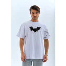 Barlashive Erkek Bisiklet Yaka Tişort Ön Ve Kol Yarasa Baskılı T-shirt - Beyaz Çok Renkli