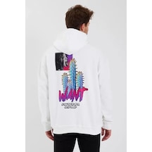 Modi Green Modern Sanat Baskılı Erkek Beyaz Üç İplik Kapüşonlu Sweatshirt