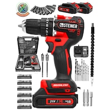 Steiner 21 V Darbeli Profesyonel Kömürsüz Motor Metal Şanzıman Çift Akülü Şarjlı Vidalama Matkap 84 Parça Kırmızı