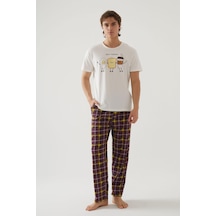 Erkek Kısa Kollu Pamuklu Ekose Desenli Breakfast Baskılı Pijama Takımı Ke30216 Sarı