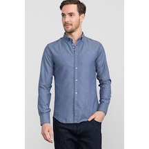 Tudors Slim Fit Düğmeli Yaka Pamuklu Kolay Ütü Düz Erkek Gömlek-15029-lacivert Lacivert