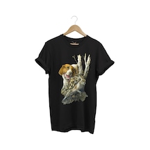 Avcılık Avcı Köpeği Ve Tavşan Baskılı Orman Temalı Pamuk Regular Fit Siyah T-shirt Siyah