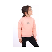 Kız Çocuk Relax Fit Dik Yaka Düşük Omuz Nakış Baskılı Sweatshirt - 3 İplik Şardonlu Somon