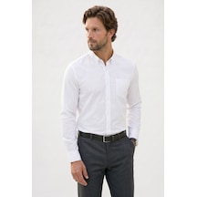 Tudors Erkek Slim Fit Dar Kesim Uzun Kollu %100 Pamuk Keten Efektli Düğmeli Yaka Rahat Beyaz Gömlek-51117